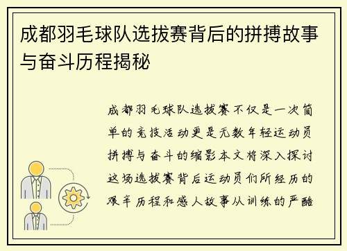 成都羽毛球队选拔赛背后的拼搏故事与奋斗历程揭秘