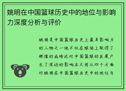 姚明在中国篮球历史中的地位与影响力深度分析与评价